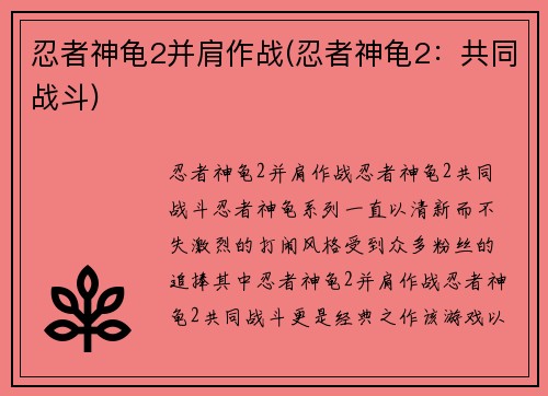 忍者神龟2并肩作战(忍者神龟2：共同战斗)